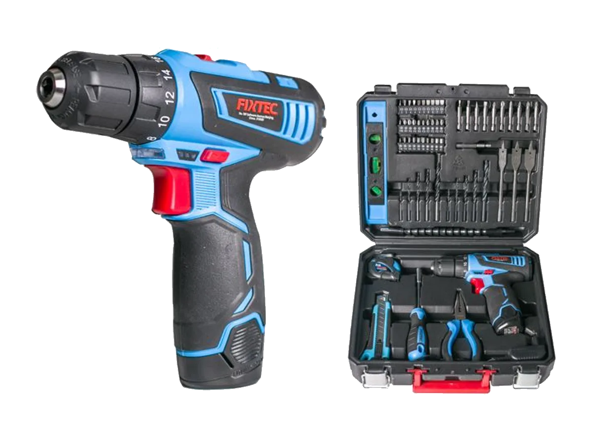 Set mașină de găurit cu acumulatori 12V + accesorii – FIXTEC: 120K60