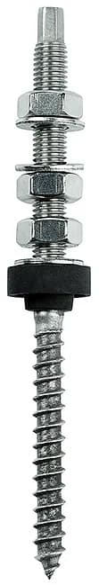FIXINGS-ON-WOOD-001 - Șurub cu filet dublu (metric + lemn) cu tijă hexagonală pentru fixarea sistemelor fotovoltaice, asamblat cu 3 piulițe hexagonale și șaibe, din oțel inox A2 (AISI 304) și garnitură EPDM