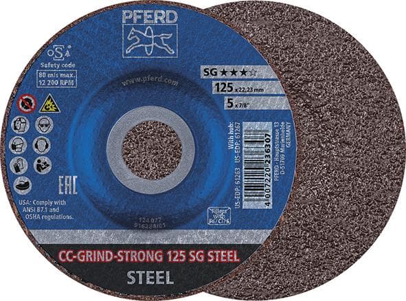 Disc abraziv CC-GRIND-STRONG SG STEEL, curbat, 115mm, pentru oțel, PFERD