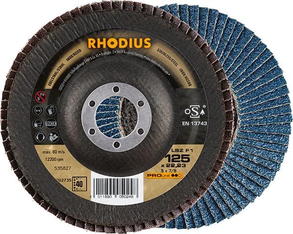 Disc lamelar pentru oțeluri tratate, 125 mm, curbat, granulație 40, zirconiu-corindon, PROLINE, RHODIUS