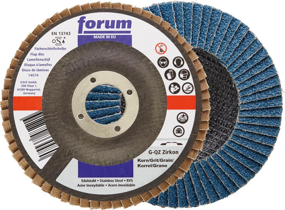 Disc lamelar pentru inox și oțel, 115 mm, granulație 40, drept, corindon zirconiu, FORUM