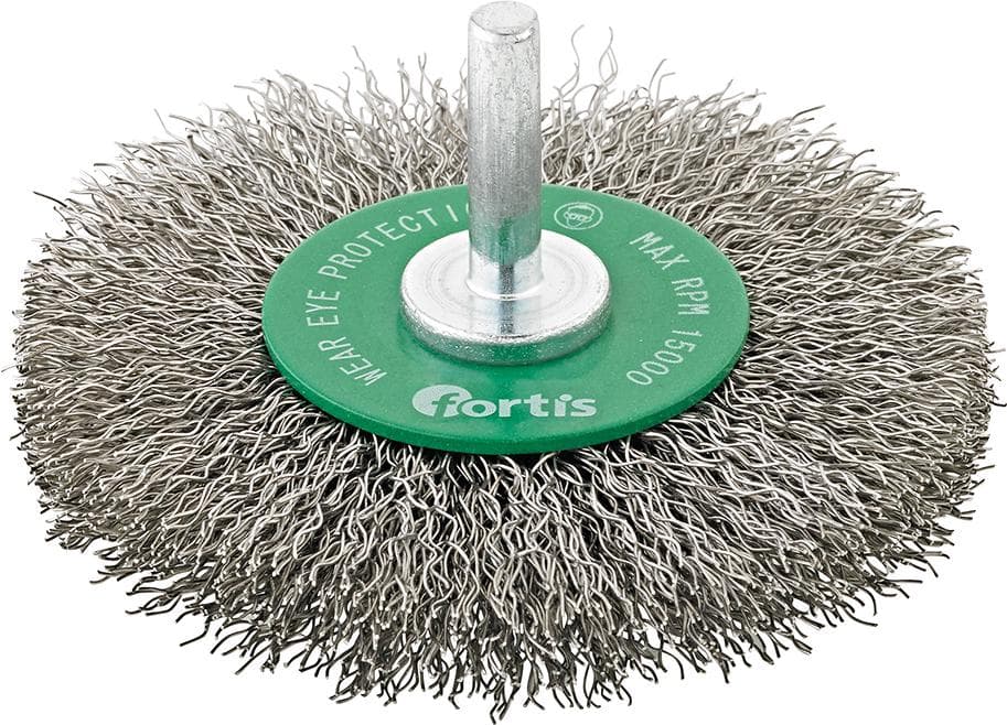 Perie de sârmă din inox rotundă, cu coadă 6mm, diam. 40mm, sârmă ondulată 0,2mm, FORTIS