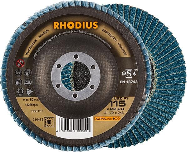 Disc lamelar pentru oțel și inox, 115mm, curbat, granulație 40, zirconiu-corindon, ALPHALINE, RHODIUS