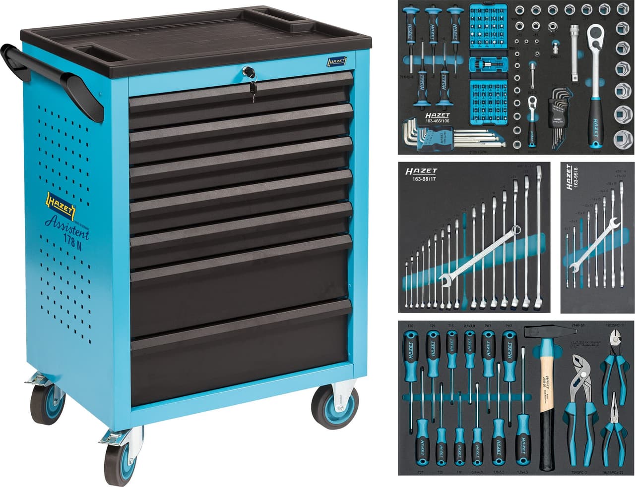 Dulap de scule mobil, 781x498x1037 mm, 147 piese, 7 sertare, Hazet