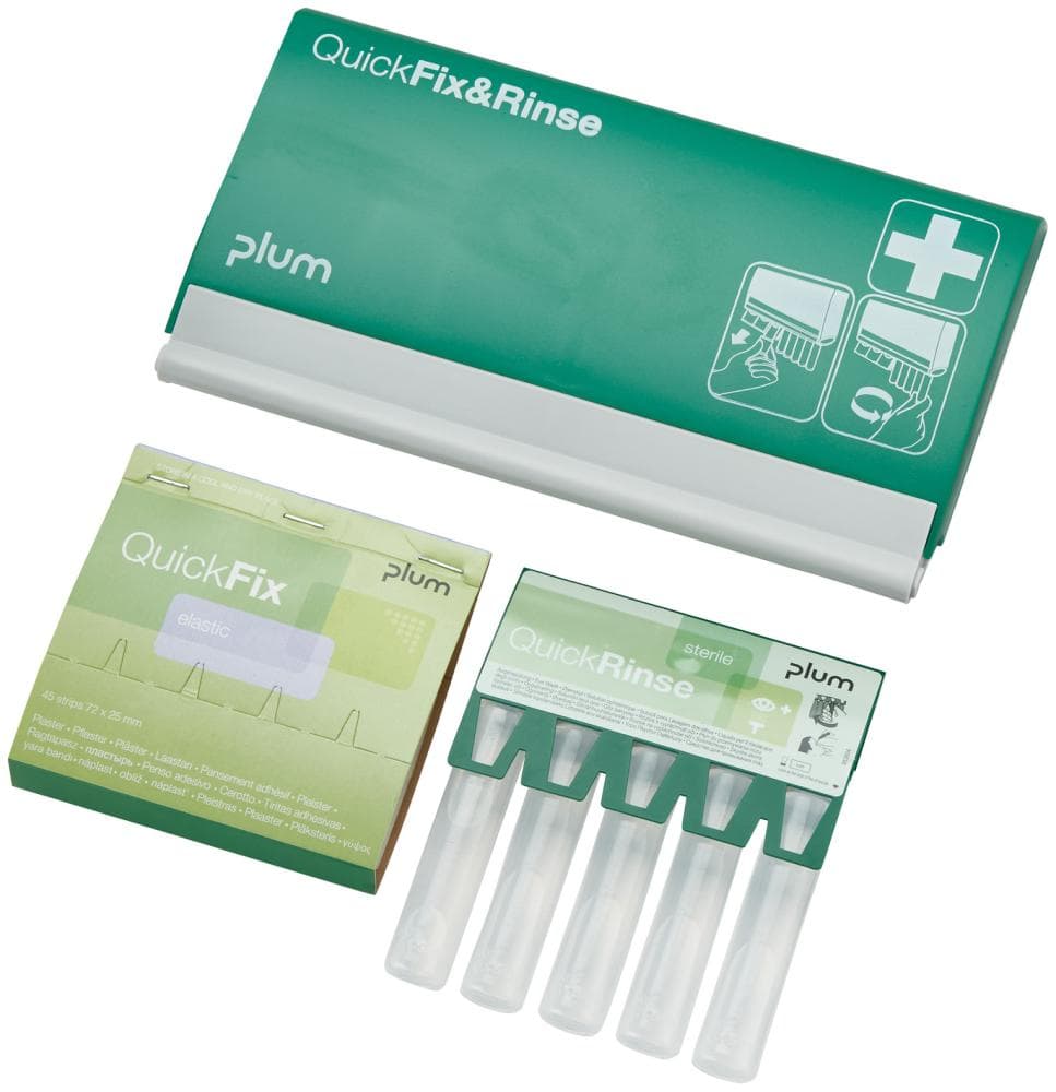 Trusă de prim ajutor QuickFix & Rinse, dozator cu plasturi și fiole pentru spălarea ochilor, Plum