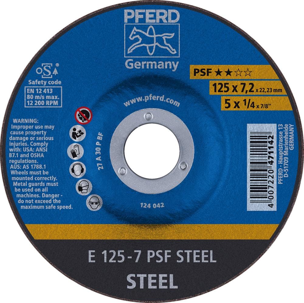 Disc de polizat PSF STEEL pentru oțel, 115x7,2 mm, curbat, PFERD