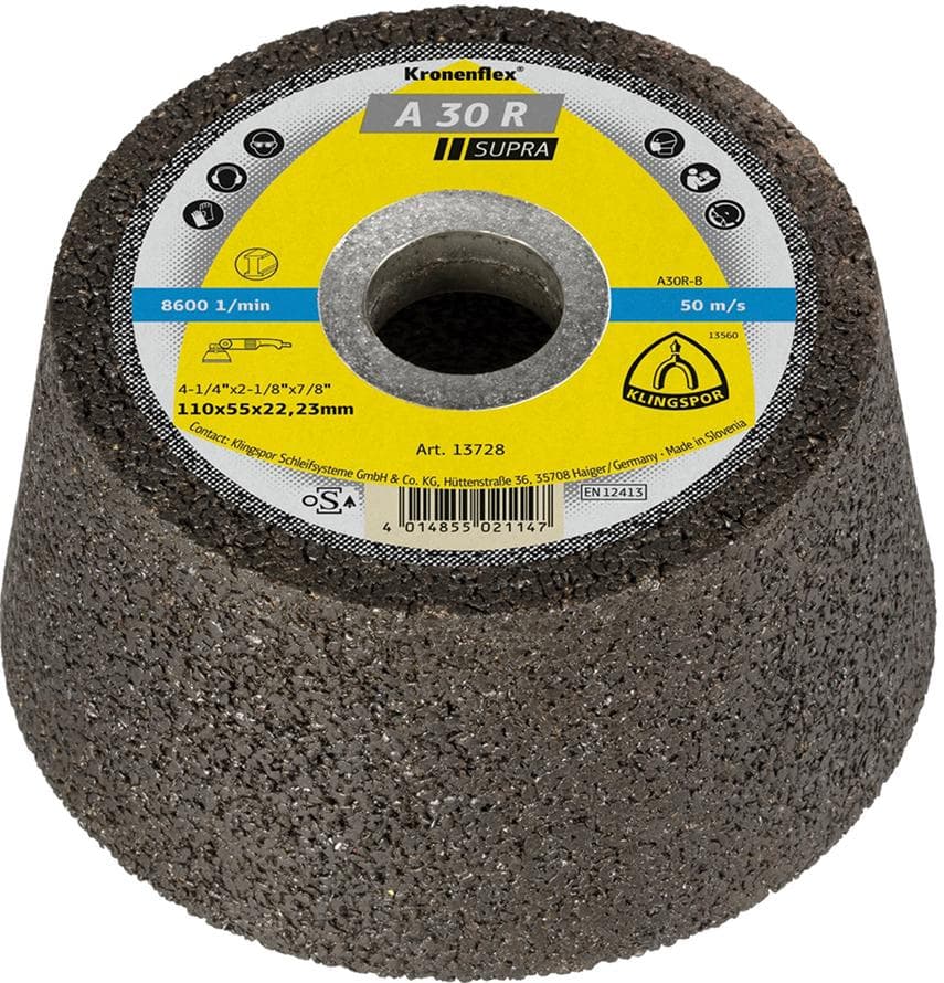 Disc de șlefuit tip oală pentru oțel, diametru 110 mm, înălțime 55 mm, gaură 22,23 mm, KLINGSPOR