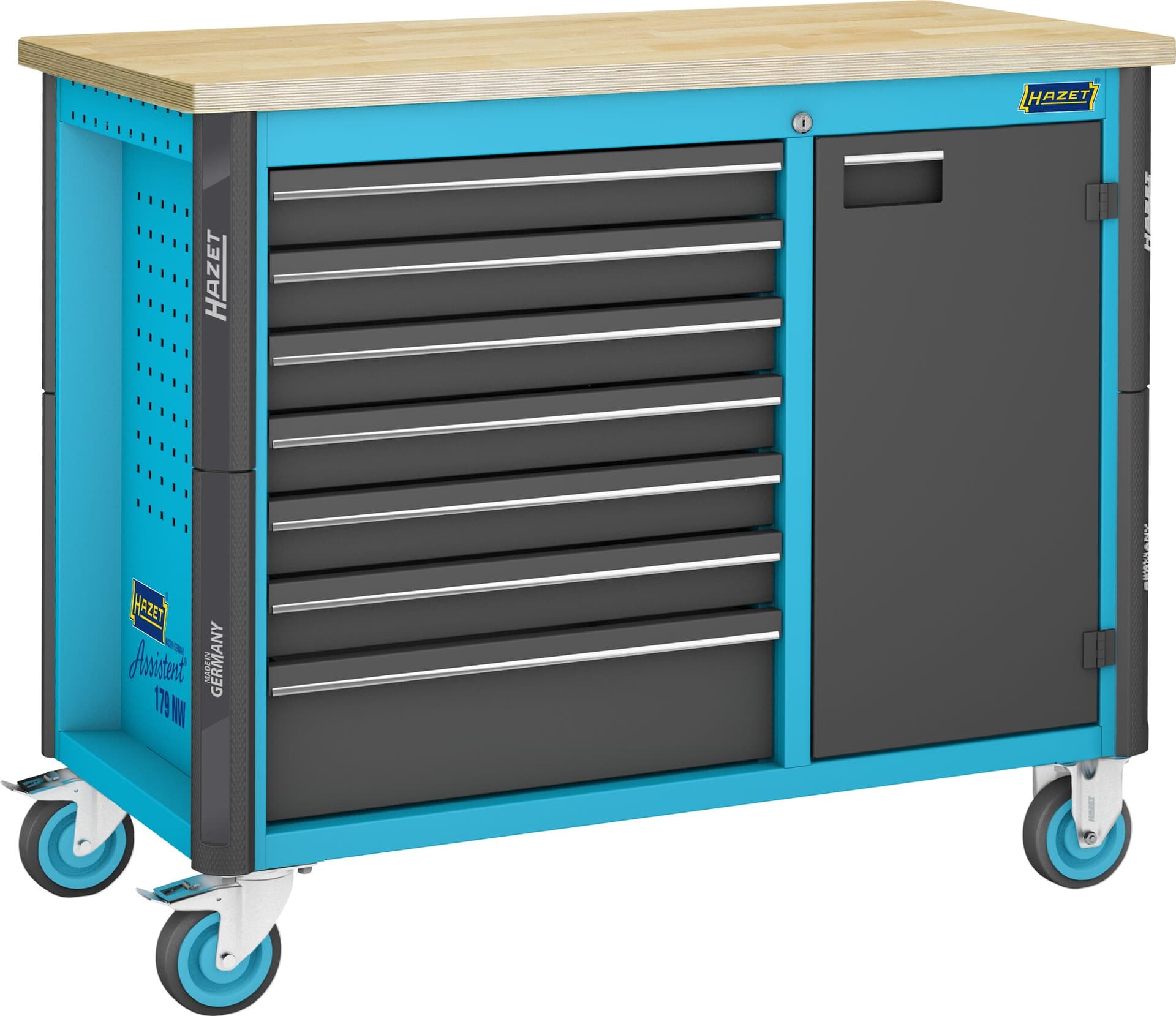 Banc de lucru mobil, 1150x600x965mm, 1 ușă, 7 sertare, extensie laterală, Hazet