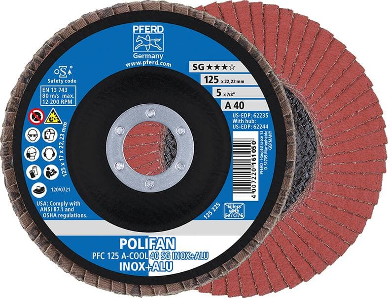 Disc lamelar POLIFAN A-COOL SG INOX + AL, 115 mm, granulație 40, drept, PFERD