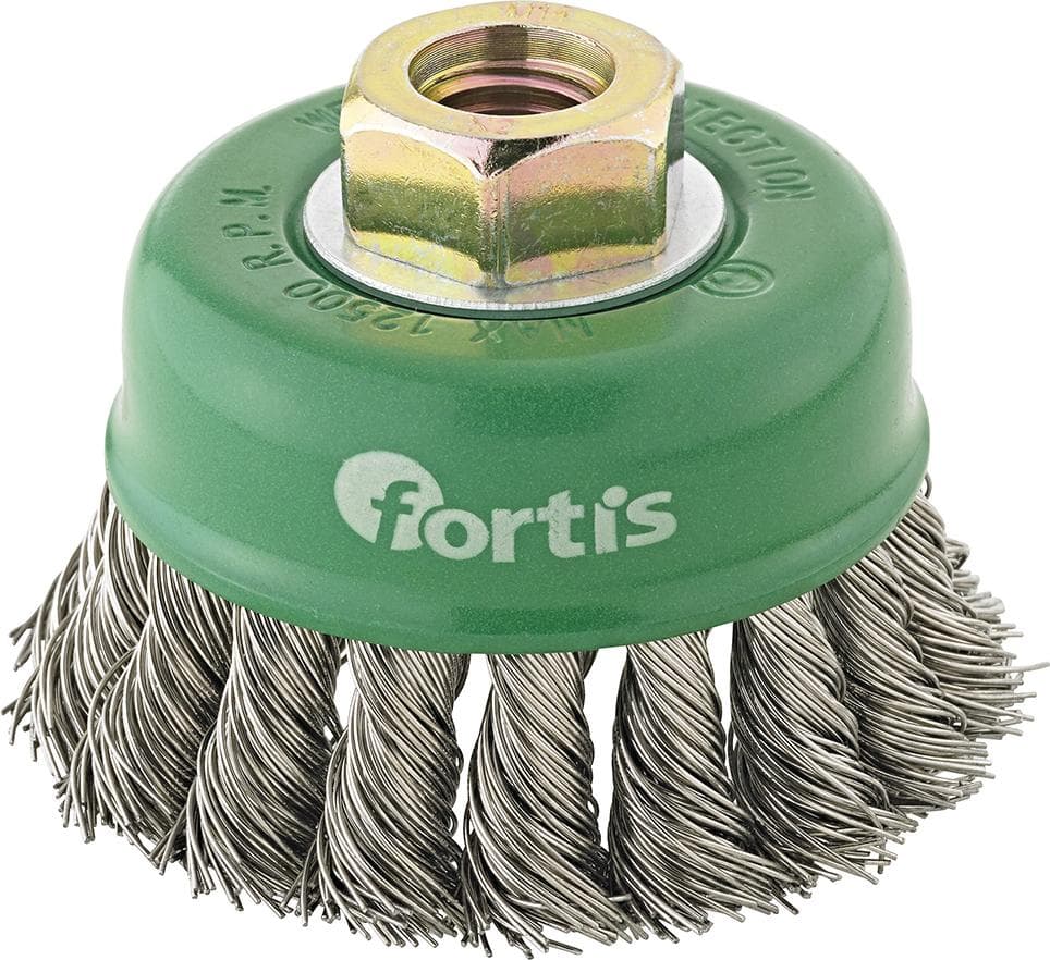 Perie de sârmă din inox tip oală, sârmă 0,5 mm răsucită, diam. 65 mm, prindere M14, FORTIS