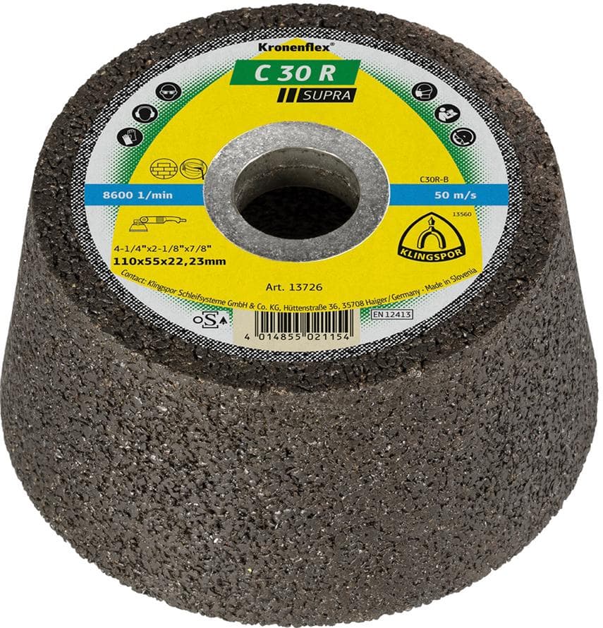 Disc de șlefuit tip oală pentru piatră, diametru 110 mm, înălțime 55 mm, gaură 22,23 mm, KLINGSPOR