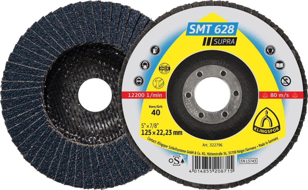 Disc lamelar pentru oțel și inox, 115 mm, drept, granulație 120, zirconiu-corindon, KLINGSPOR
