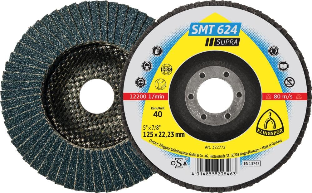 Disc lamelar pentru oțel și inox, 115 mm, curbat, granulație 80, zirconiu-corindon, KLINGSPOR