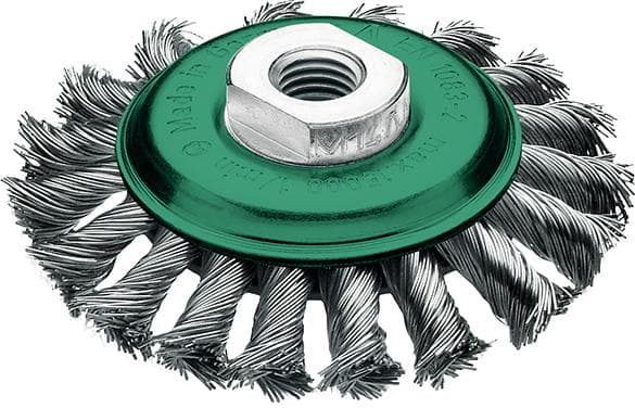 Perie de sârmă din inox V2A, conică, diam. 100mm, sârmă 0.5mm răsucită, prindere M14x2.0, Lessmann