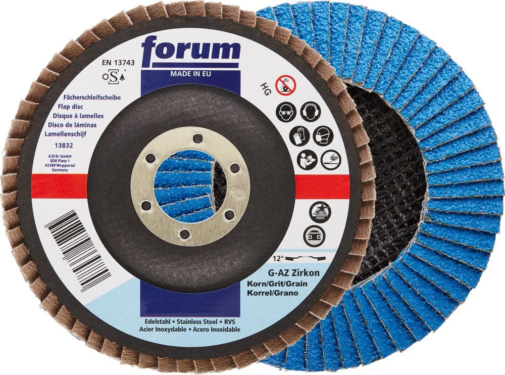 Disc lamelar pentru inox, aluminiu, neferoase 115mm, granulație 40, curbat 12°, corindon zirconiu, FORUM