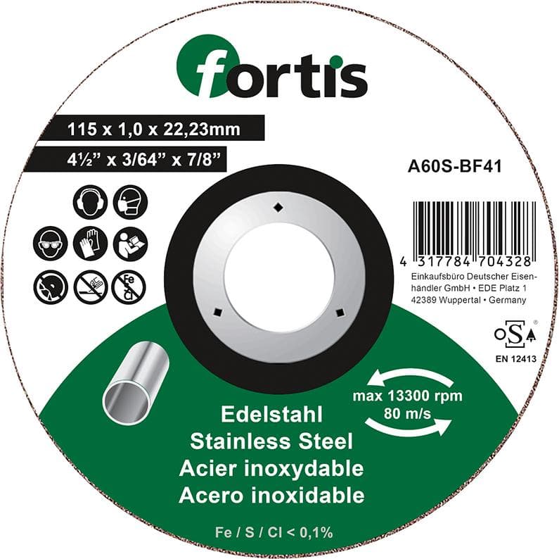 Disc de debitat pentru inox 115x1,0 mm, drept, FORTIS
