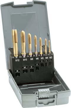 Set tarozi de mașină pentru găuri de trecere M3-M12, HSS-E, acoperit TiN, forma B, 7 buc, GUHRING