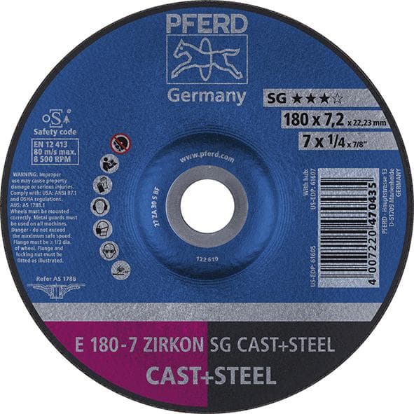 Disc de polizat ZIRKON SG CAST + STEEL pentru oțel și fontă, 178x7,2 mm, curbat, PFERD