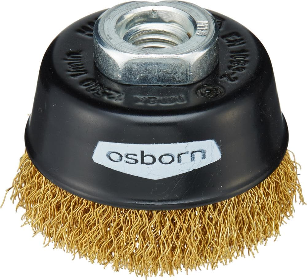 Perie de sârmă din alamă, tip oală, sârmă ondulată 0.3 mm, Ø 60 mm, filet M14x2.0, pentru mașini cu acumulator, OSBORN
