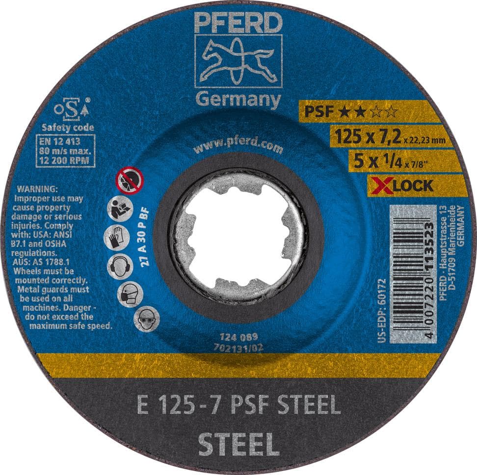 Disc de polizat X-LOCK PSF STEEL, pentru oțel, 125x7.2mm, curbat, PFERD