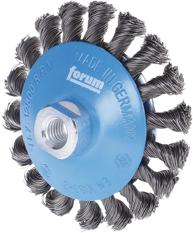 Perie de sârmă conică din oțel, sârmă răsucită 0,5 mm, 100x13 mm, prindere M14x2, FORUM