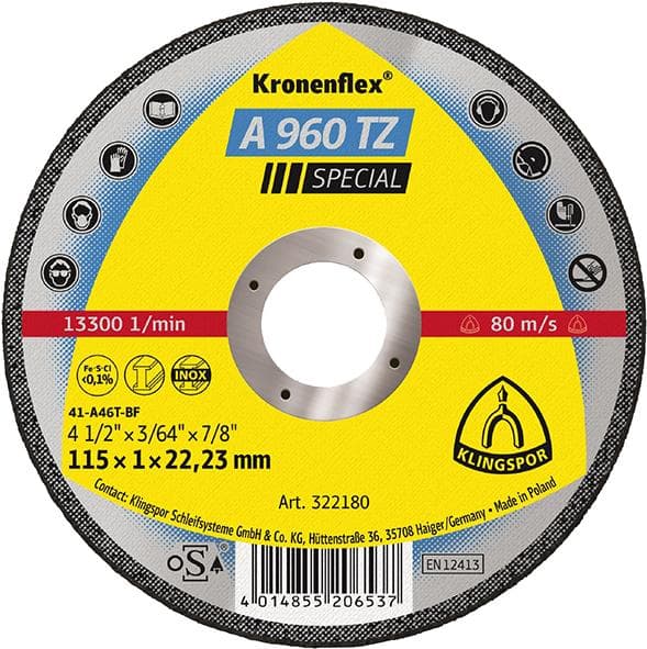 Discuri de tăiere A960TZ 115x1,0 mm, drepte, 25 bucăți în cutie din plastic, KLINGSPOR