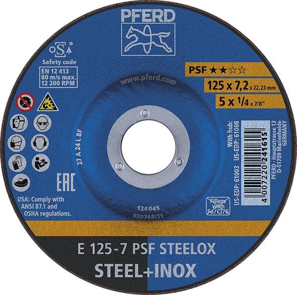 Disc de polizat PSF STEELOX pentru oțel și oțel inoxidabil, 115x7mm, curbat, PFERD
