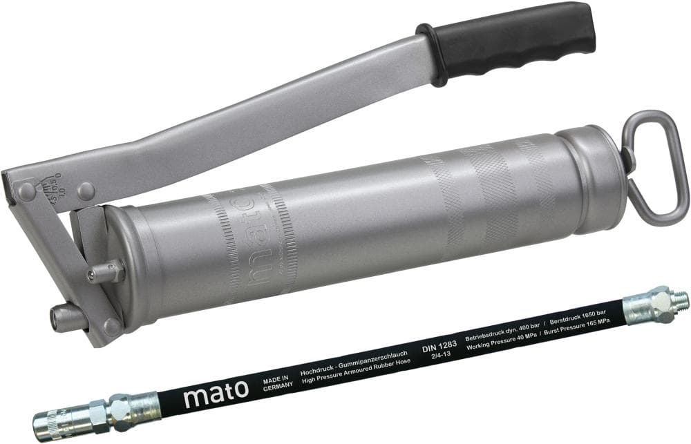 Pompă de ungere cu levier manual din oțel integral E500, cu furtun M10x1, pentru cartuș de 400g și 500g grăsime vrac, MATO