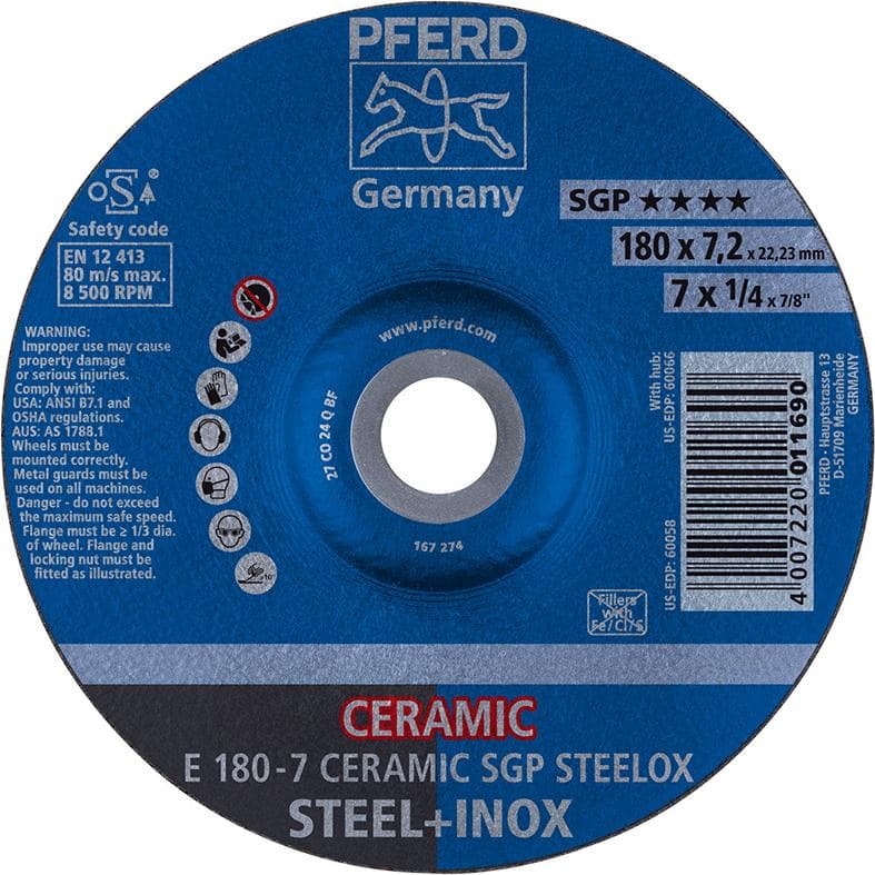 Disc de polizat CERAMIC SGP STEELOX pentru oțel și inox, 115x7.2 mm, curbat, PFERD