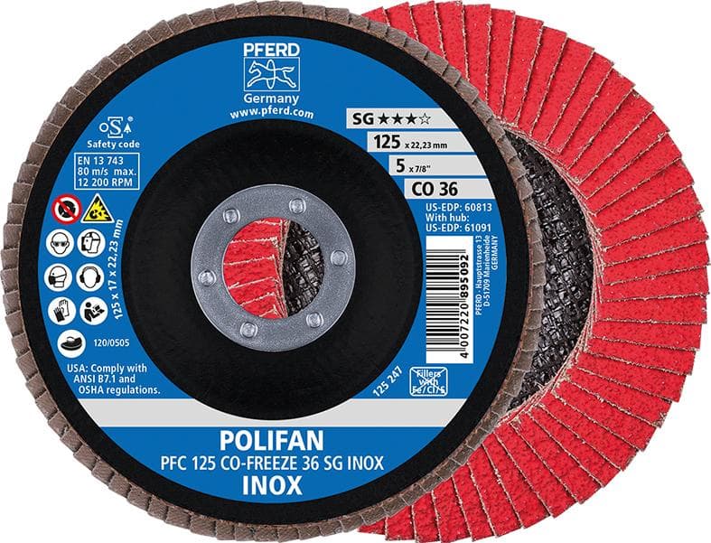 Disc lamelar CO-FREEZE SG INOX, 115 mm, curbat, granulație 36, ceramică, PFERD