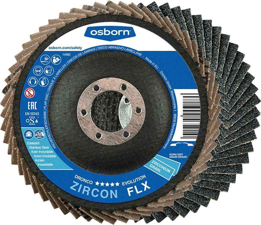 Disc lamelar ZIRCON FLX pentru oțel, inox, 115mm, drept, gran.40, zirconiu-corindon, DRONCO