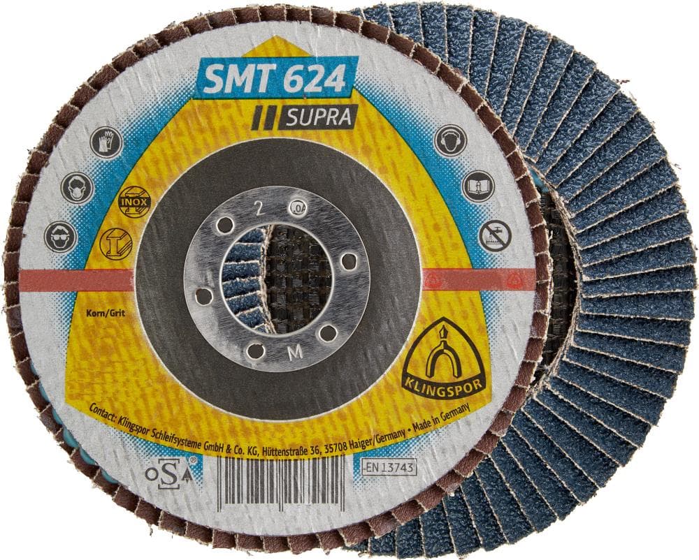 Disc lamelar curbat pentru oțel și inox, 115 mm, granulație 40, corindon-zirconiu, KLINGSPOR
