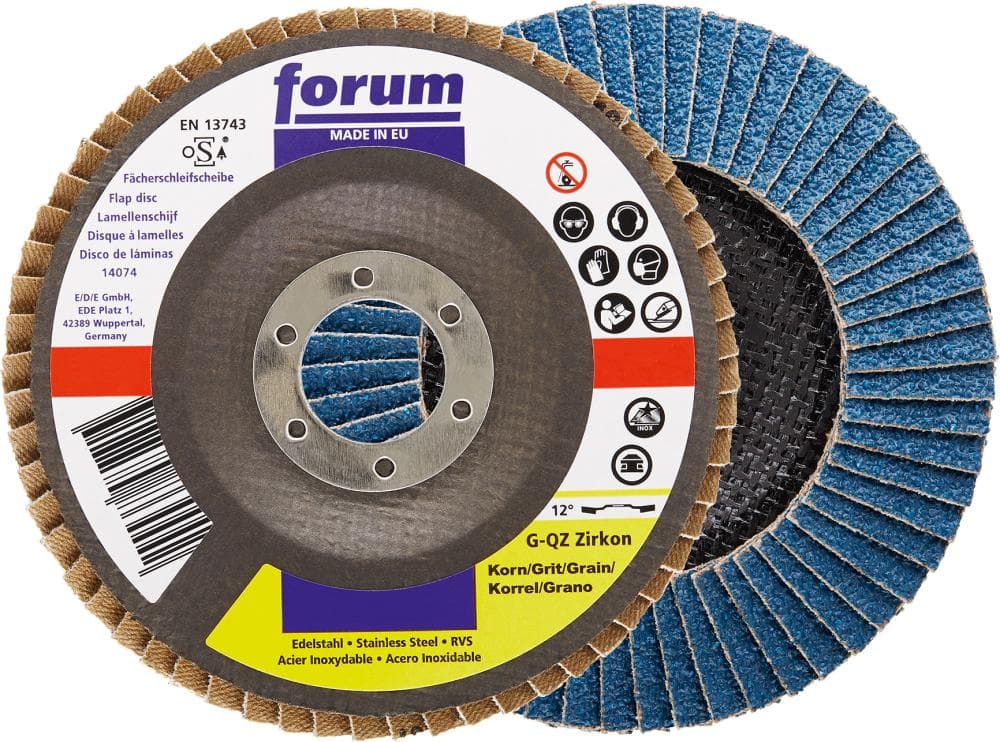 Disc lamelar pentru oțel și inox, 115 mm, granulație 40, curbat 12°, corindon zirconiu, FORUM