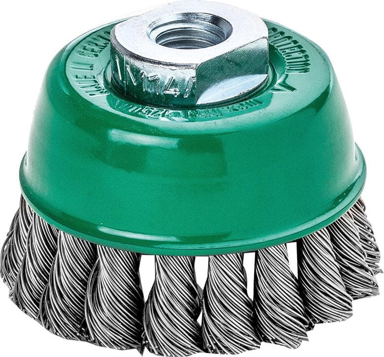 Perie de sârmă din inox V2A, tip oală, diam. 65 mm, sârmă 0.5 mm răsucită, prindere M14x2.0, Lessmann