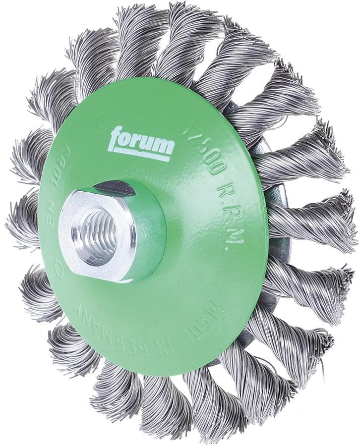 Perie de sârmă conică din inox, sârmă 0,5 mm răsucită, 115x15 mm, prindere M14x2, FORUM