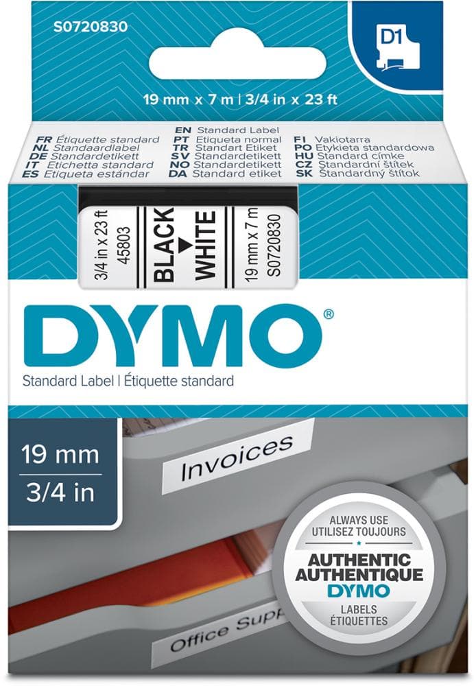 Bandă de inscripționare D1, negru pe alb, 19 mm x 7 m, DYMO