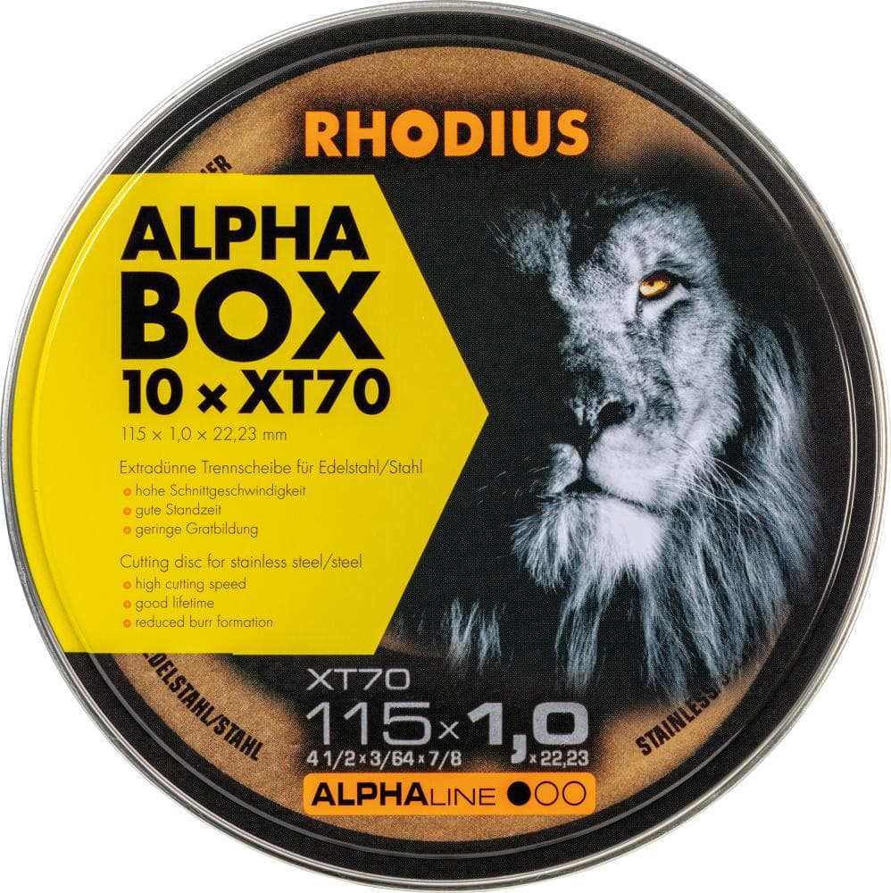 Disc de tăiere pentru inox, 115x1,0 mm, drept, ALPHALINE, set 10 buc, RHODIUS
