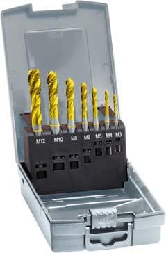 Set tarozi de mașină pentru găuri oarbe, M3-M12 + burghie, HSS-E, acoperit TiN, forma C, 13 buc, GÜHRING