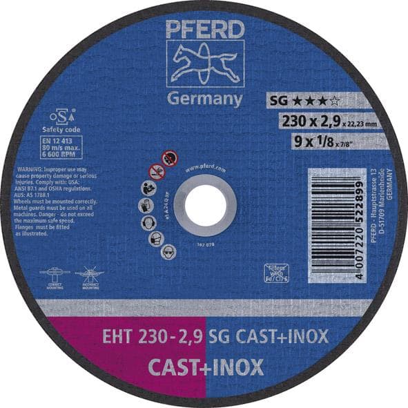 Disc de debitare pentru fontă și inox, 230x2,9 mm, drept, PFERD