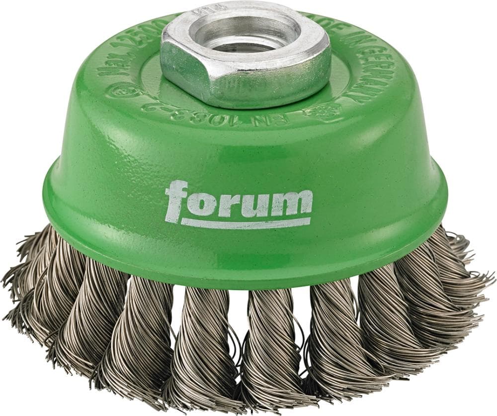 Perie de sârmă inox tip oală, sârmă 0,35 mm răsucită, Ø 65 mm, prindere M14x2, FORUM