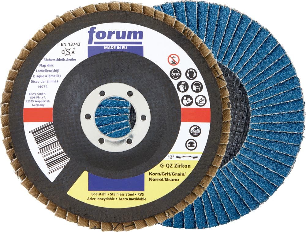 Disc lamelar pentru oțel și inox, 125 mm, granulație 40, curbat 12°, corindon zirconiu, FORUM