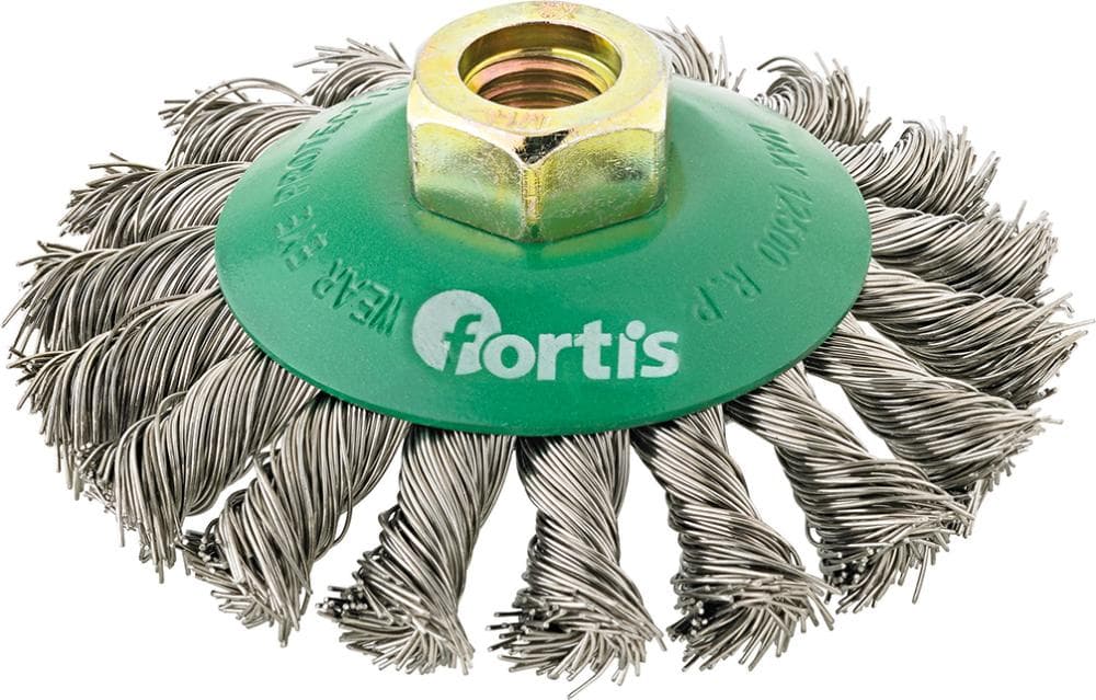 Perie de sârmă din inox, conică, diam. 100 mm, sârmă 0,5 mm răsucită, prindere M14x2, FORTIS
