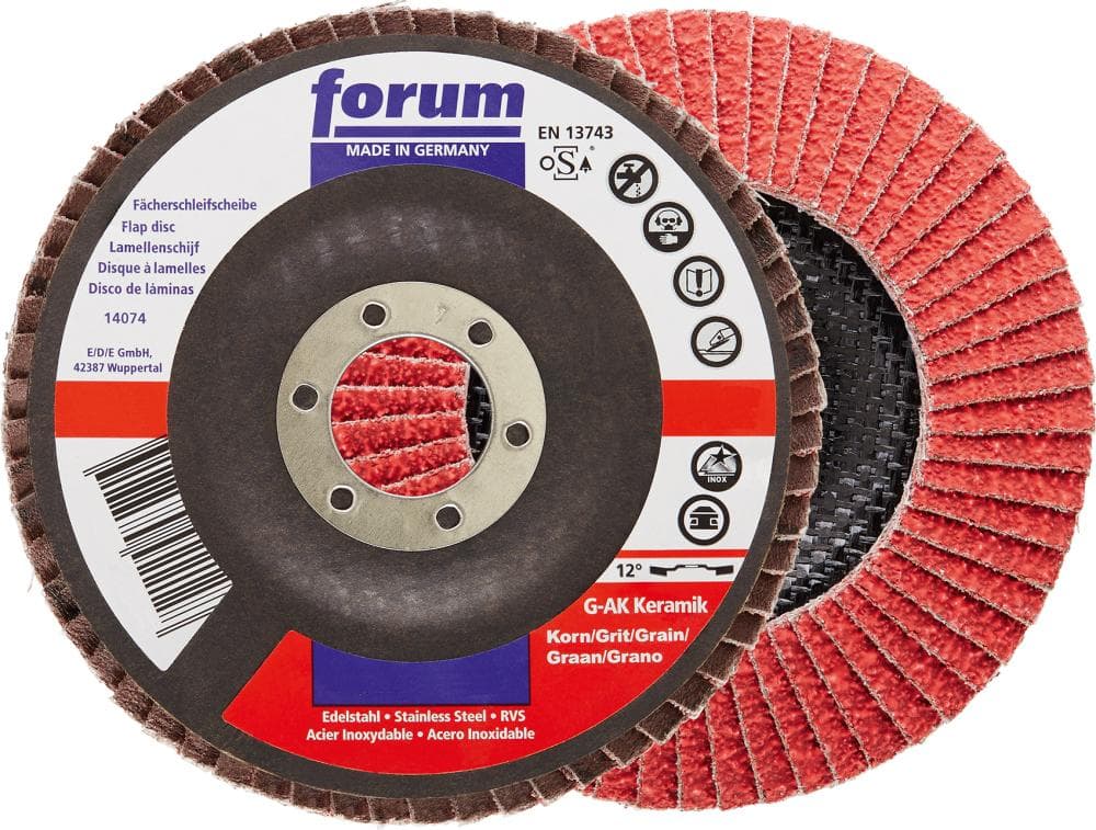 Disc lamelar curbat 12° pentru oțel și inox, 115 mm, granulație 40, ceramică, FORUM