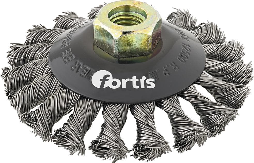 Perie de sârmă din oțel conică, diam. 100 mm, sârmă 0,5 mm răsucită, prindere M14x2, FORTIS