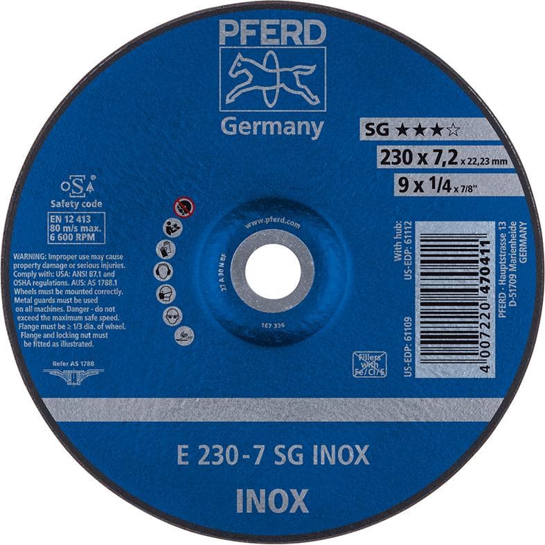Disc de polizat SG INOX pentru inox, 115x7,2 mm, curbat, PFERD