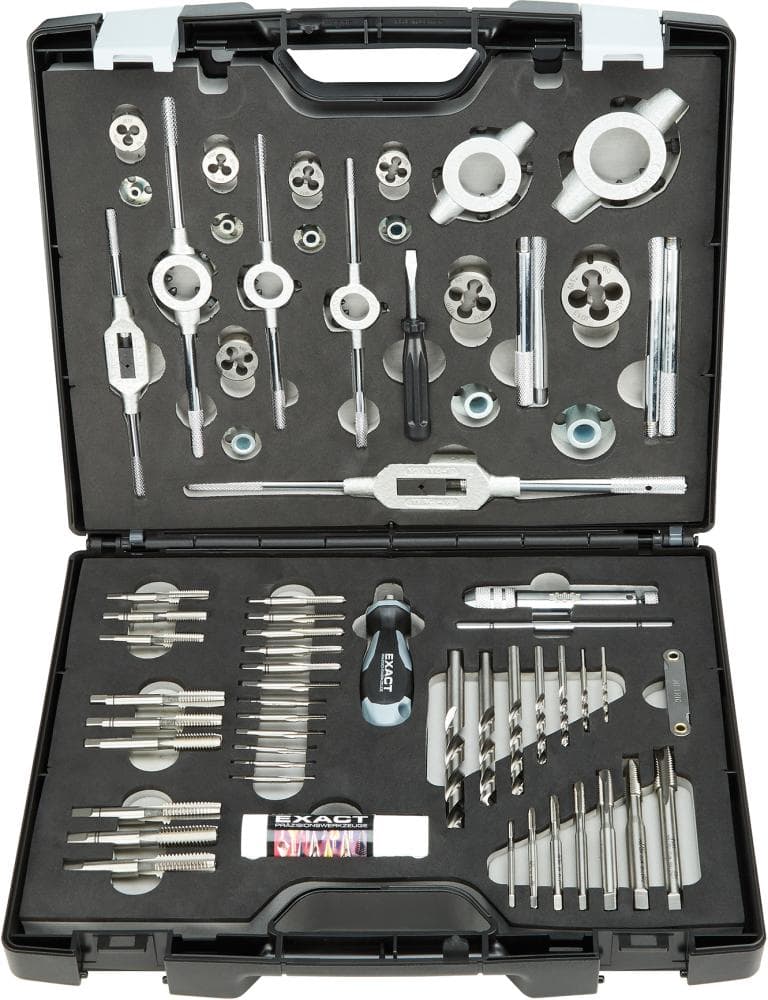 Set de scule pentru filetare HSS, 61 piese, M3-M12, EXACT