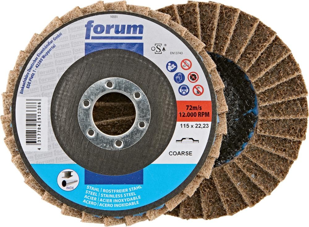 Disc lamelar cu pâslă, curbat, 115 mm, grosier, pentru inox și metale neferoase, FORUM