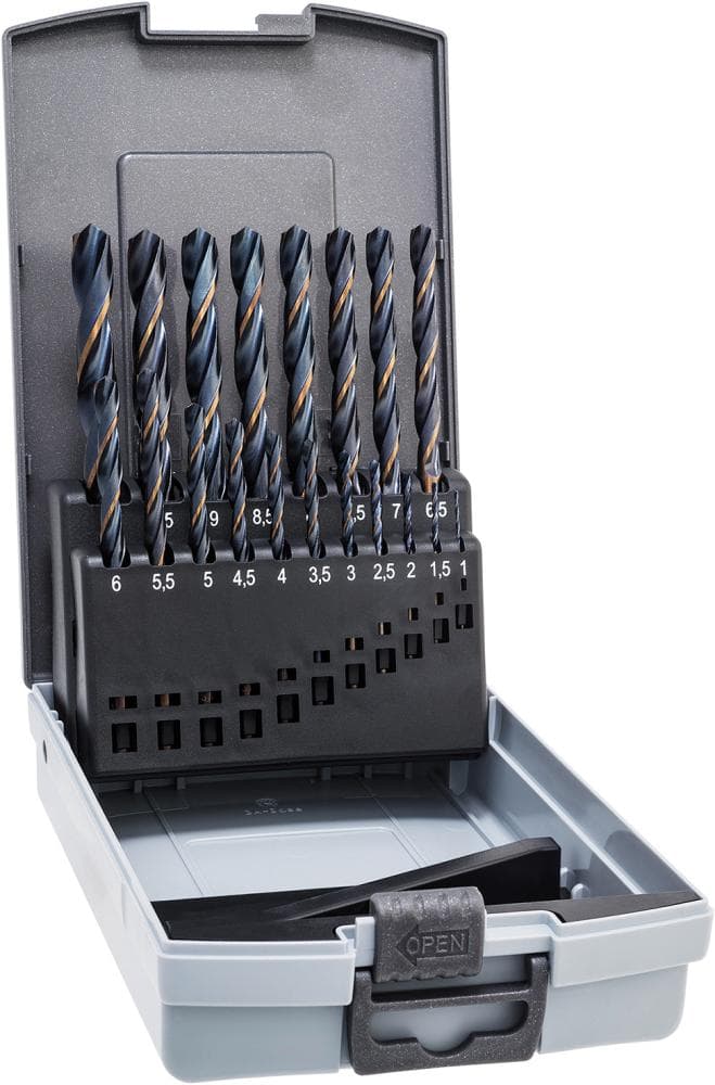 Set burghie HSS spiralate, tratate cu abur, Ø 1-10 mm, 19 bucăți, DIN 338N, alpen