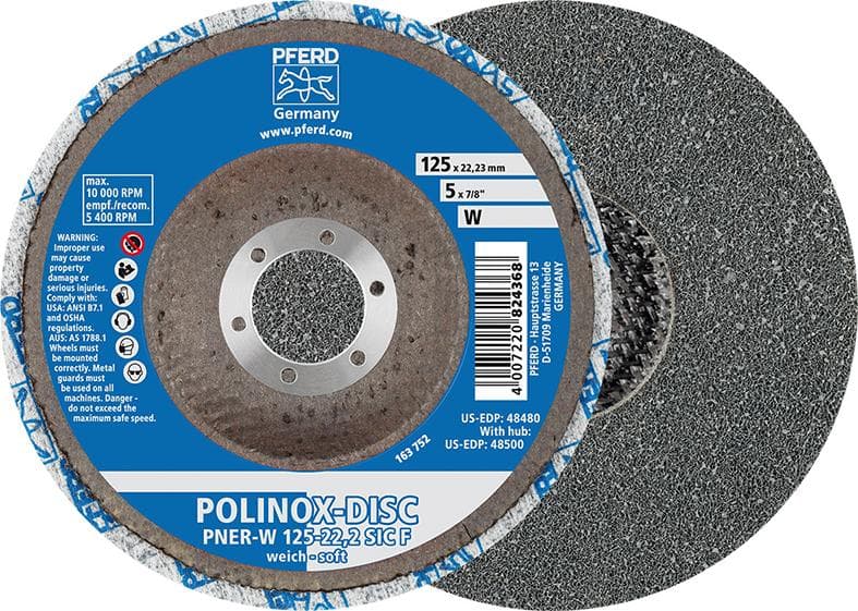 Disc de șlefuire pentru inox, 125 mm, moale, fibră textilă cu liant de rășină, PFERD