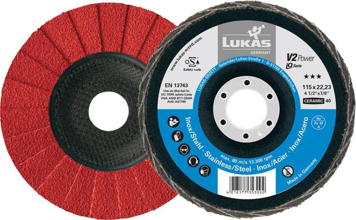Disc lamelar pentru oțeluri tratate, 125mm, drept, granulație 40, granulație ceramică, LUKAS